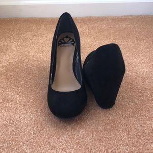 Black faux suede wedge heels